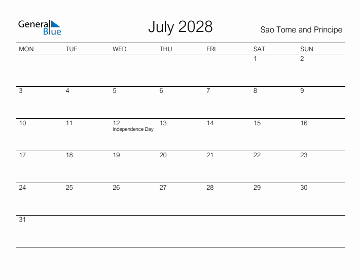 Printable July 2028 Calendar for Sao Tome and Principe