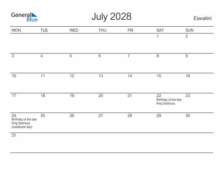 Printable July 2028 Calendar for Eswatini