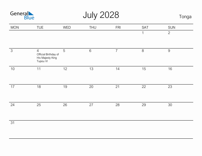 Printable July 2028 Calendar for Tonga