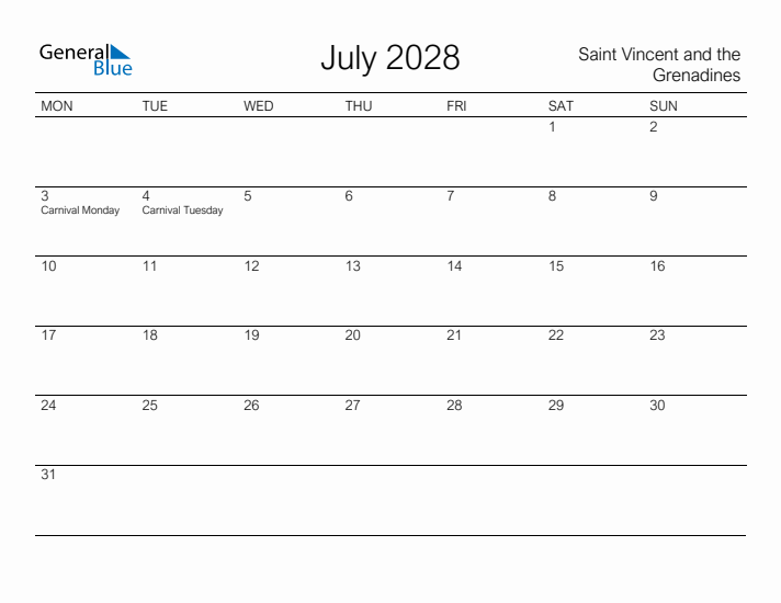 Printable July 2028 Calendar for Saint Vincent and the Grenadines