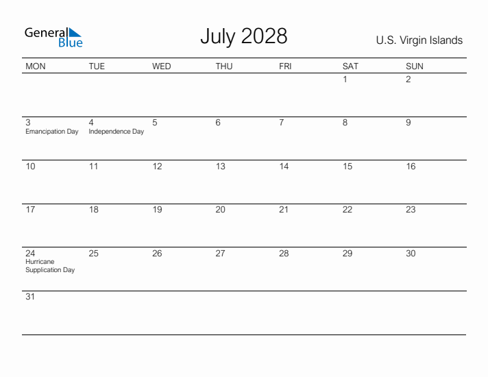 Printable July 2028 Calendar for U.S. Virgin Islands