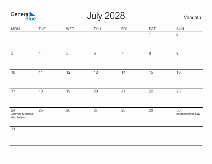 Printable July 2028 Calendar for Vanuatu