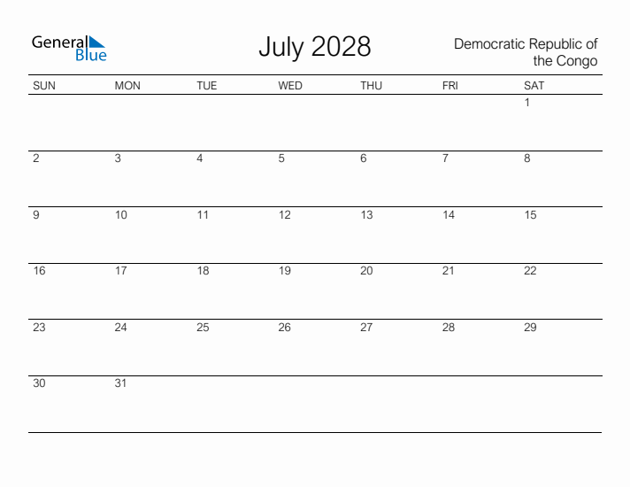 Printable July 2028 Calendar for Democratic Republic of the Congo