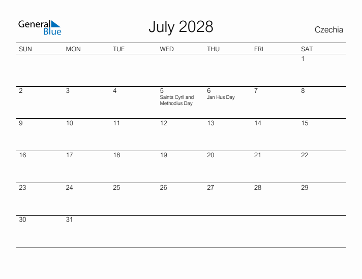 Printable July 2028 Calendar for Czechia