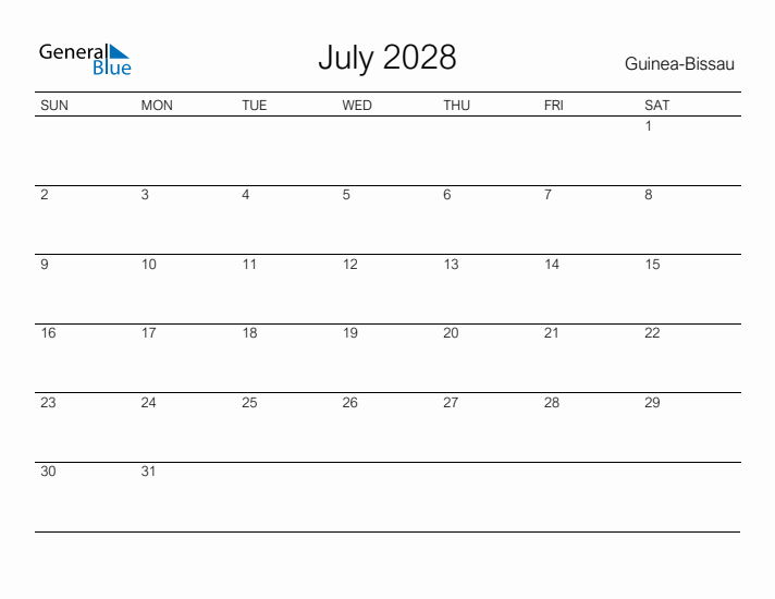 Printable July 2028 Calendar for Guinea-Bissau
