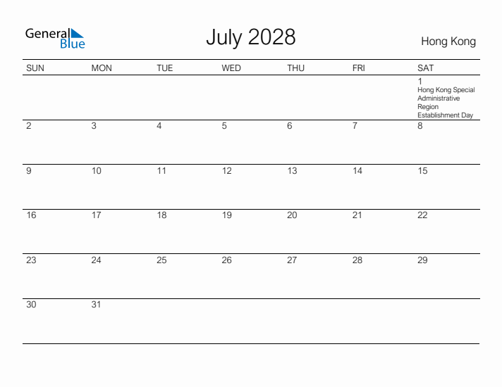 Printable July 2028 Calendar for Hong Kong