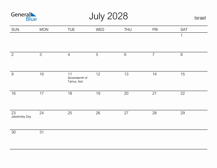 Printable July 2028 Calendar for Israel