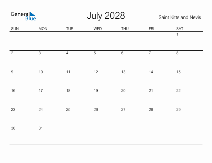 Printable July 2028 Calendar for Saint Kitts and Nevis