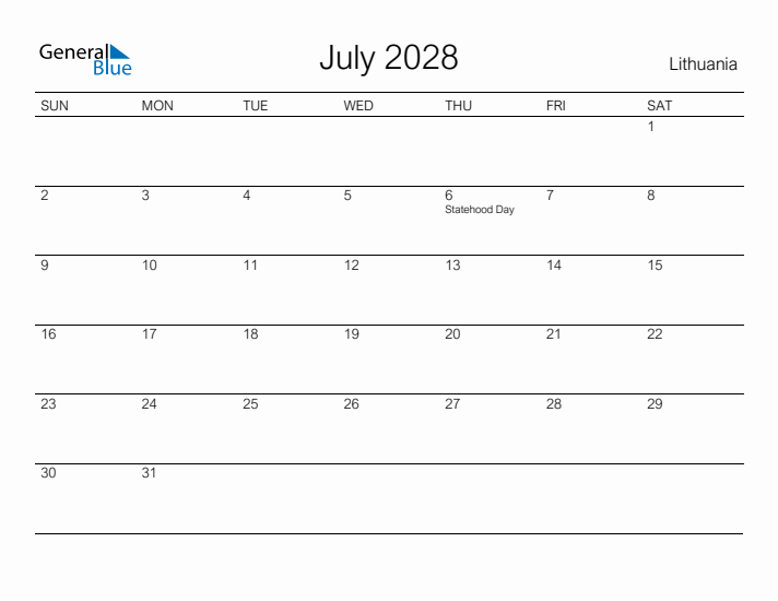 Printable July 2028 Calendar for Lithuania