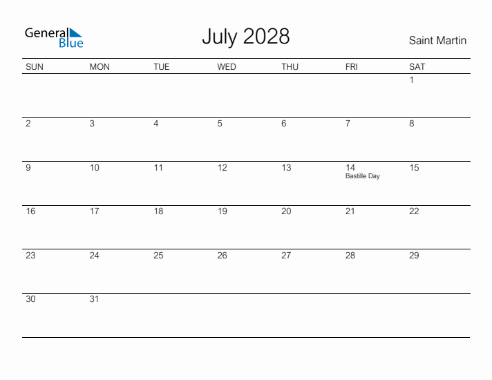 Printable July 2028 Calendar for Saint Martin