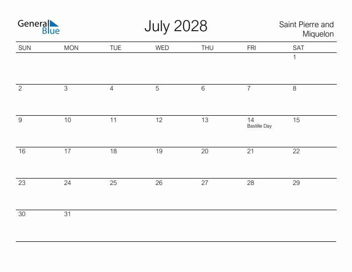 Printable July 2028 Calendar for Saint Pierre and Miquelon