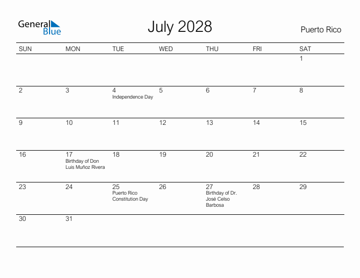Printable July 2028 Calendar for Puerto Rico