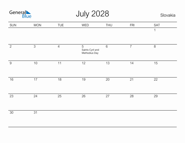 Printable July 2028 Calendar for Slovakia