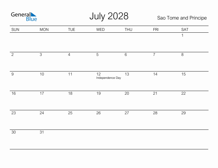 Printable July 2028 Calendar for Sao Tome and Principe