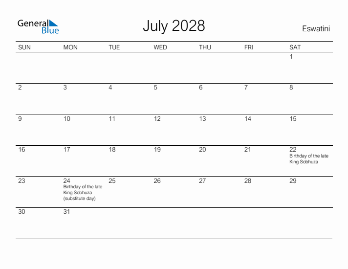 Printable July 2028 Calendar for Eswatini