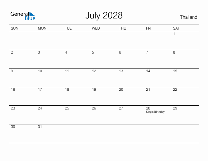 Printable July 2028 Calendar for Thailand