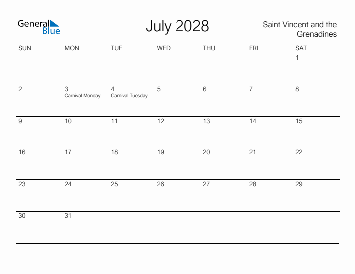 Printable July 2028 Calendar for Saint Vincent and the Grenadines