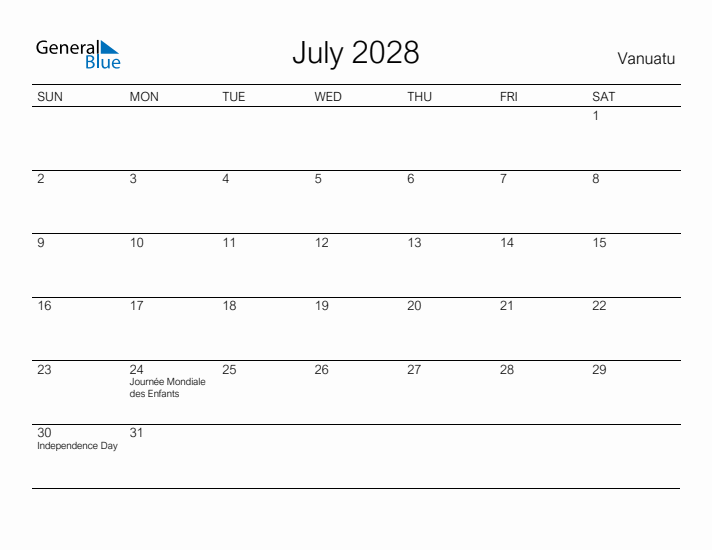 Printable July 2028 Calendar for Vanuatu