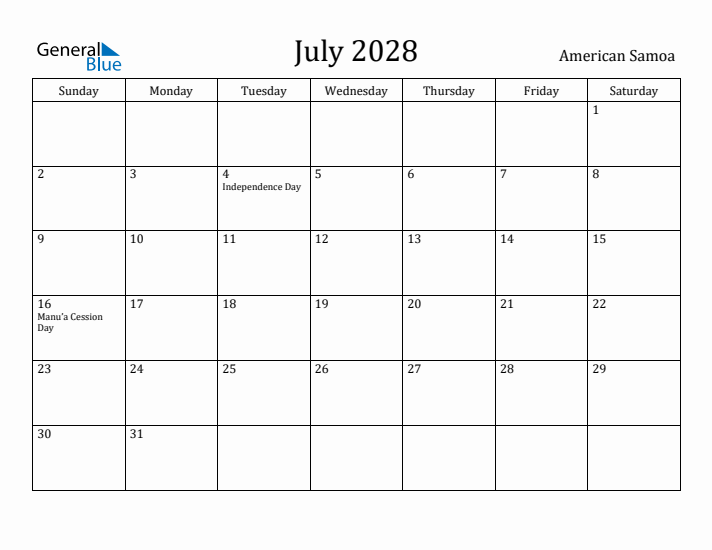 July 2028 Calendar American Samoa