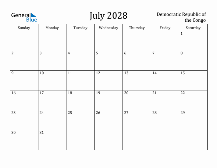 July 2028 Calendar Democratic Republic of the Congo