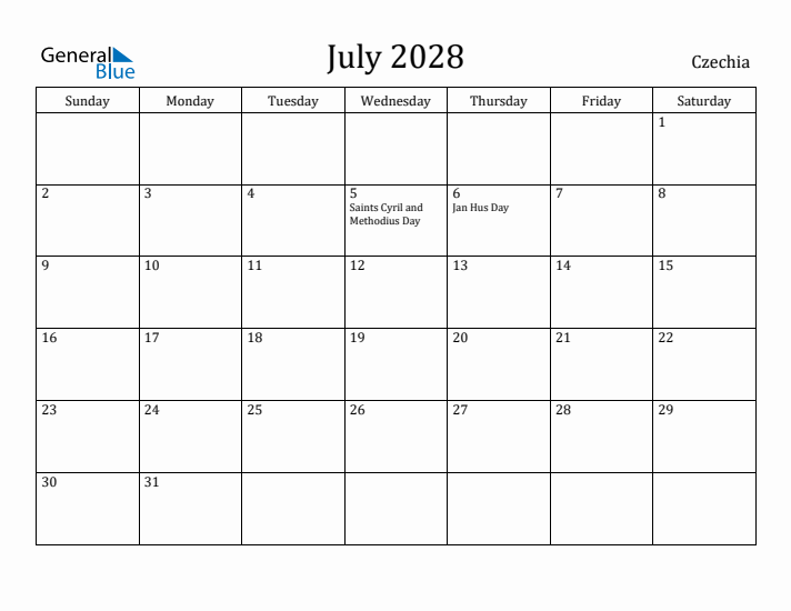 July 2028 Calendar Czechia
