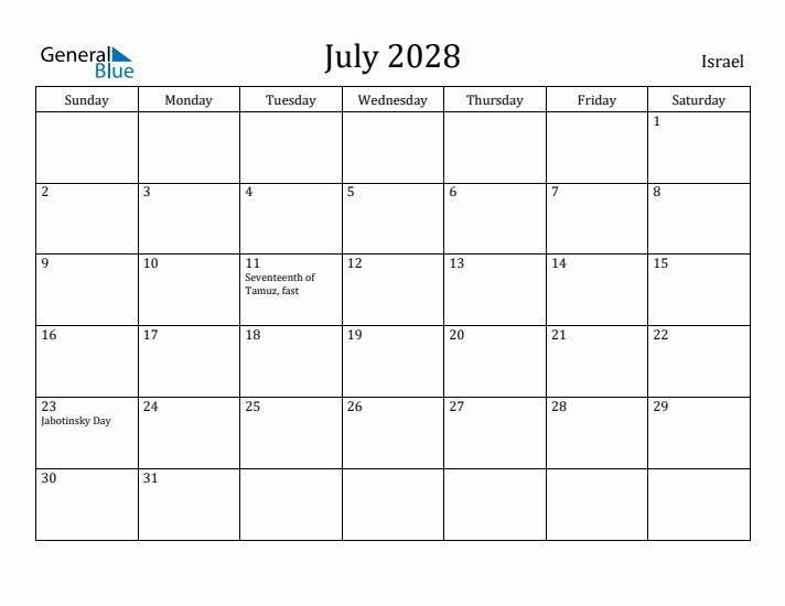 July 2028 Calendar Israel