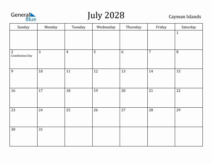 July 2028 Calendar Cayman Islands
