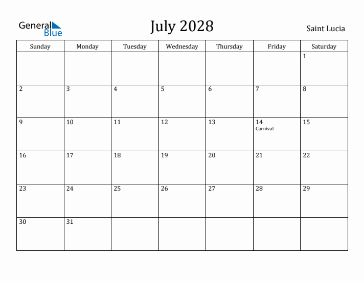 July 2028 Calendar Saint Lucia