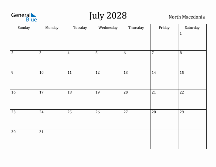 July 2028 Calendar North Macedonia