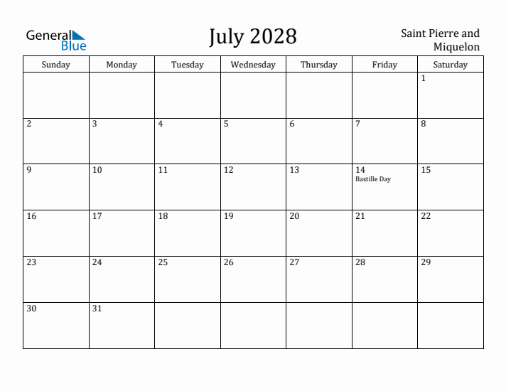 July 2028 Calendar Saint Pierre and Miquelon