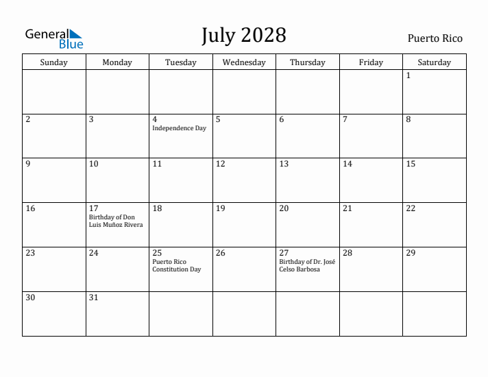 July 2028 Calendar Puerto Rico