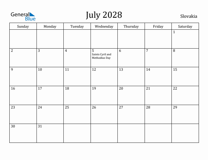 July 2028 Calendar Slovakia