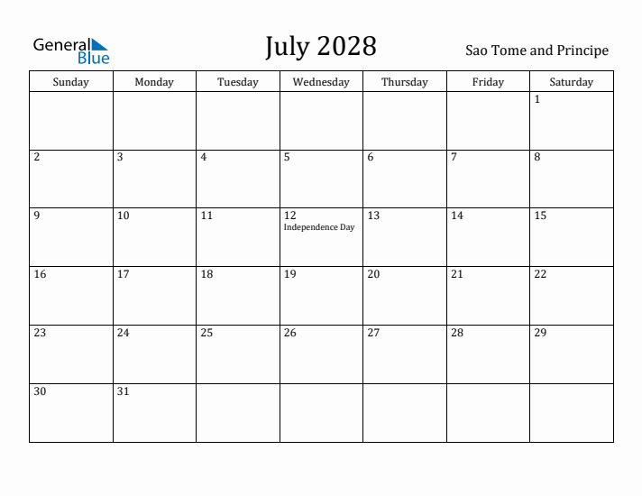 July 2028 Calendar Sao Tome and Principe