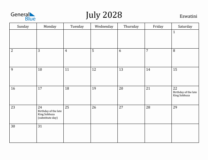 July 2028 Calendar Eswatini