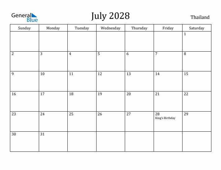 July 2028 Calendar Thailand