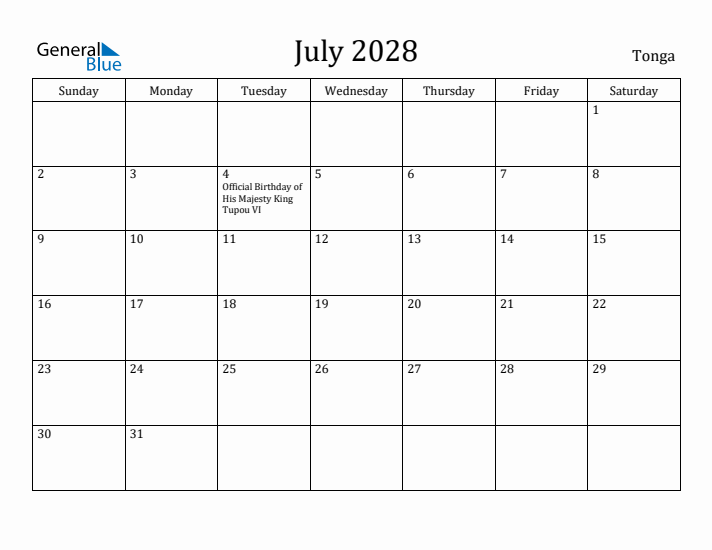 July 2028 Calendar Tonga