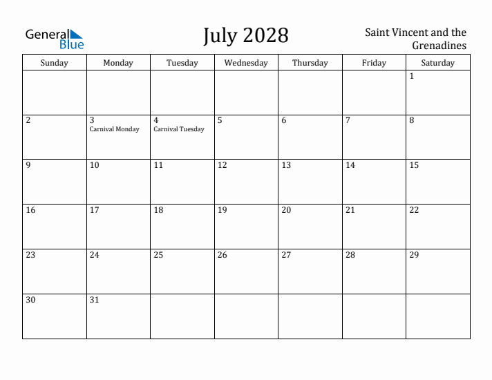 July 2028 Calendar Saint Vincent and the Grenadines