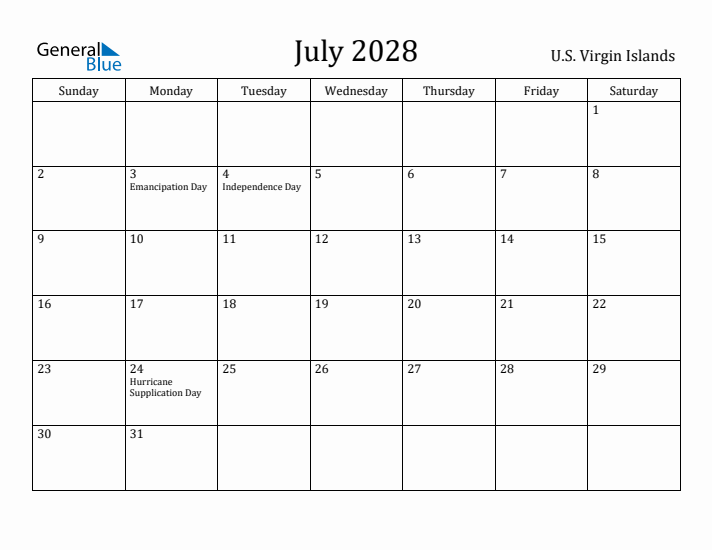 July 2028 Calendar U.S. Virgin Islands