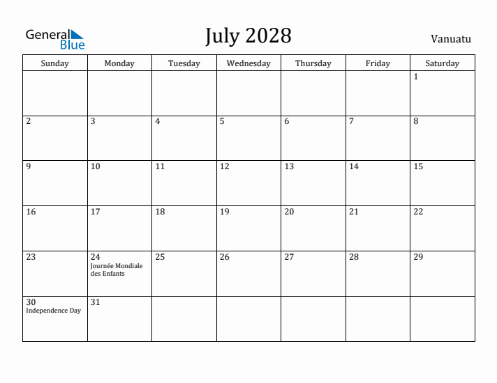 July 2028 Calendar Vanuatu