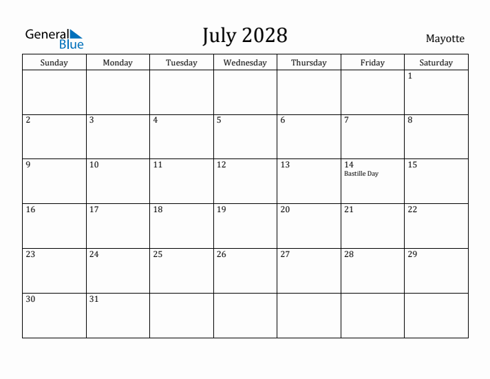 July 2028 Calendar Mayotte