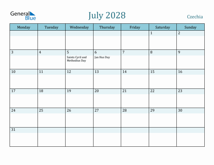 July 2028 Calendar with Holidays