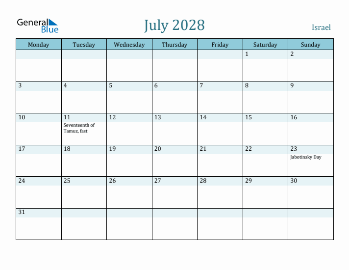 July 2028 Calendar with Holidays
