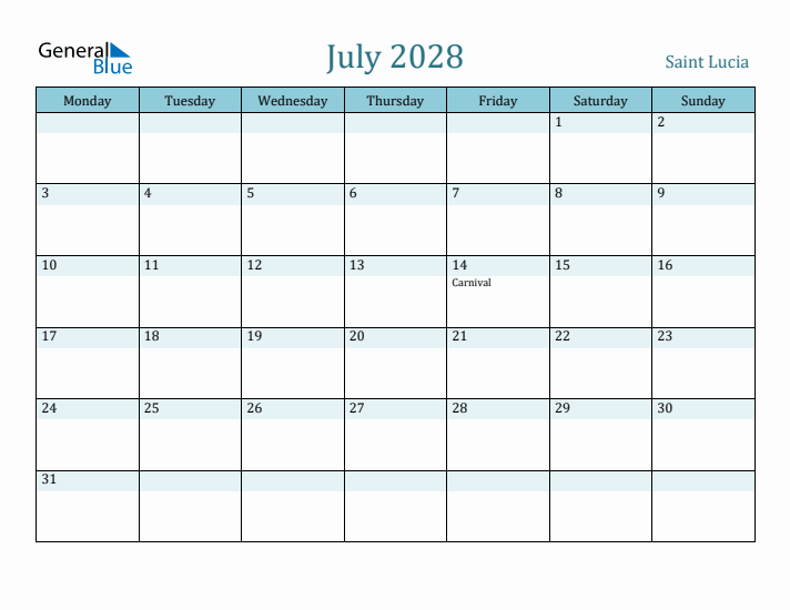 July 2028 Calendar with Holidays