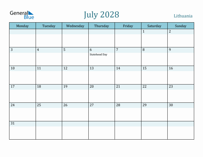 July 2028 Calendar with Holidays
