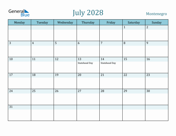 July 2028 Calendar with Holidays
