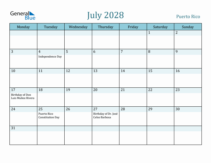 July 2028 Calendar with Holidays