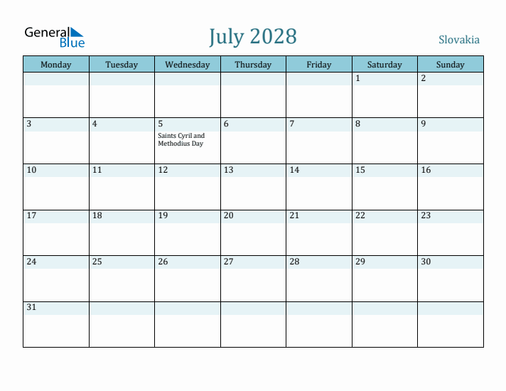 July 2028 Calendar with Holidays