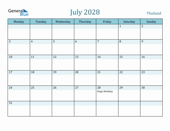 July 2028 Calendar with Holidays