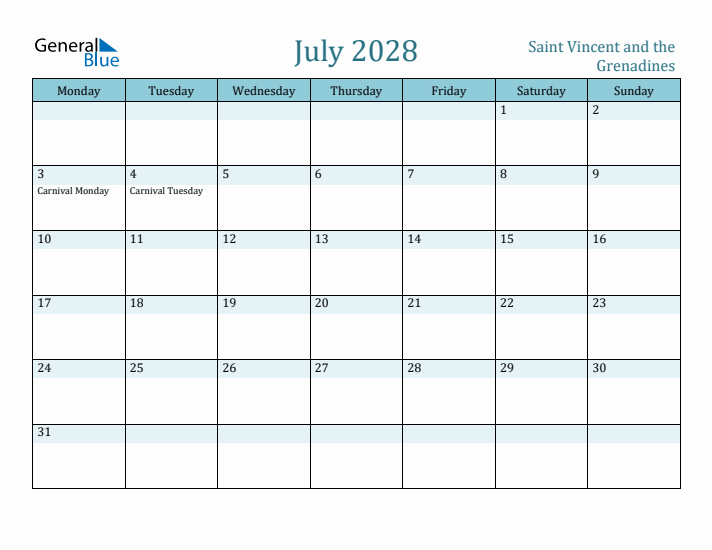 July 2028 Calendar with Holidays