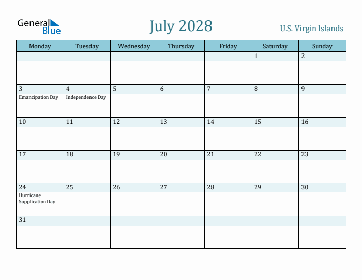 July 2028 Calendar with Holidays
